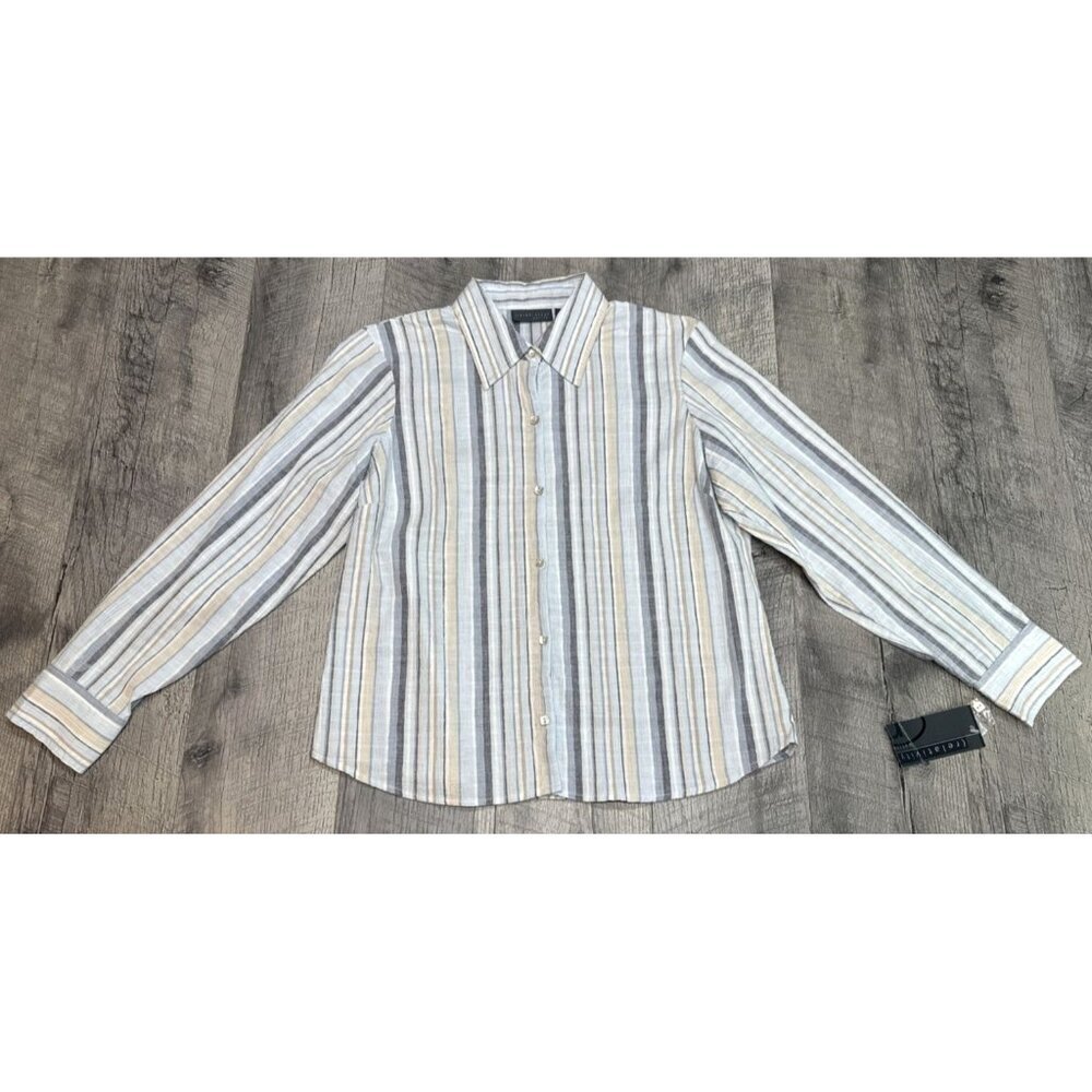 Relativity Shirt Womens Petite PM Blue Striped Pearl Button Up Stretch‎ Y2K NEW
